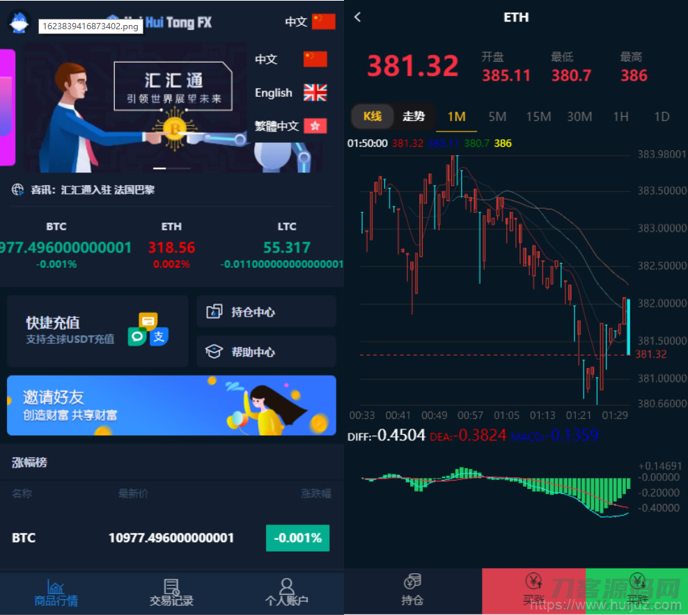 汇汇通微盘usdt支付完美运营2次开发版+完整数据+K线正常+3种语言插图1